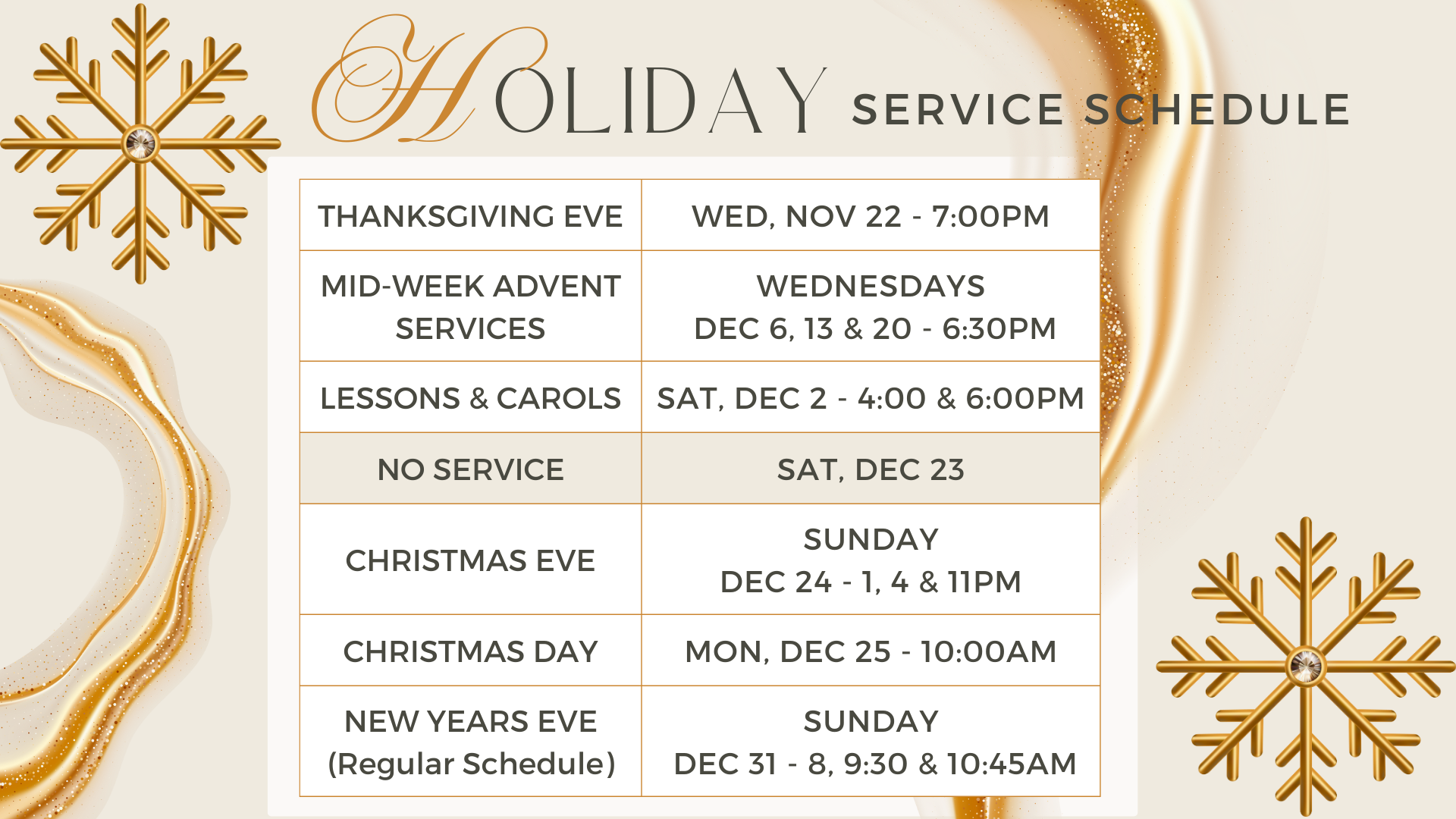 Holiday Service Schedule